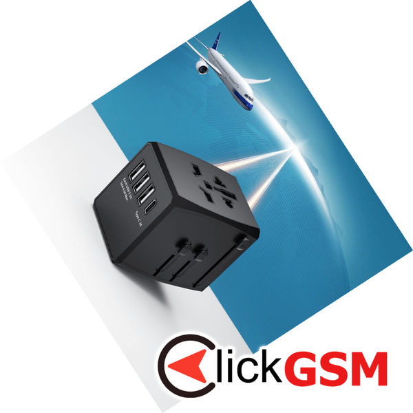 Techsuit - Travel Adapter (HHT904) - PD15W, 3 x USB, Type-C, EU, UK, AUS, US - Black