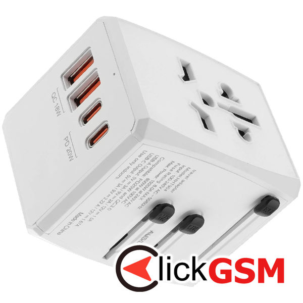 Techsuit - Travel Adapter (HHT904) - PD20W, 2 x USB, 2 xType-C, EU, UK, AUS, US - White