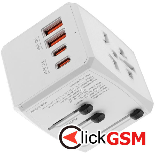 Techsuit - Travel Adapter (HHT904) - PD20W, 2 x USB, 2 xType-C, EU, UK, AUS, US - White