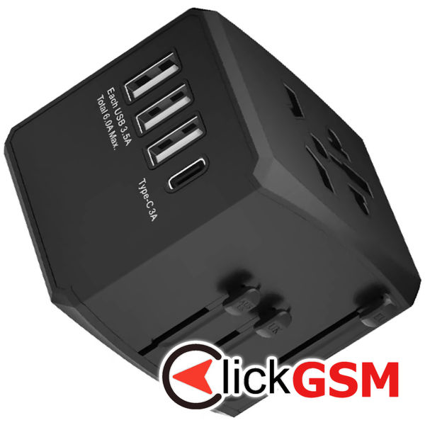 Techsuit - Travel Adapter (HHT904) - PD30W, 3 x USB, Type-C, EU, UK, AUS, US - Black