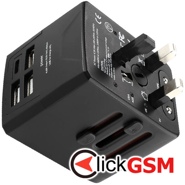 Techsuit - Travel Adapter (HHT520) - 3 x USB, Type-C, EU, UK, AUS, US - Black