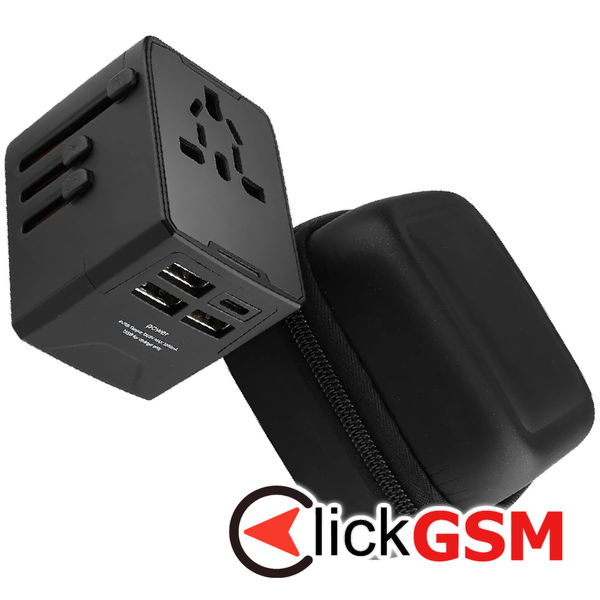 Techsuit - Travel Adapter (HHT520) - 3 x USB, Type-C, EU, UK, AUS, US - Black