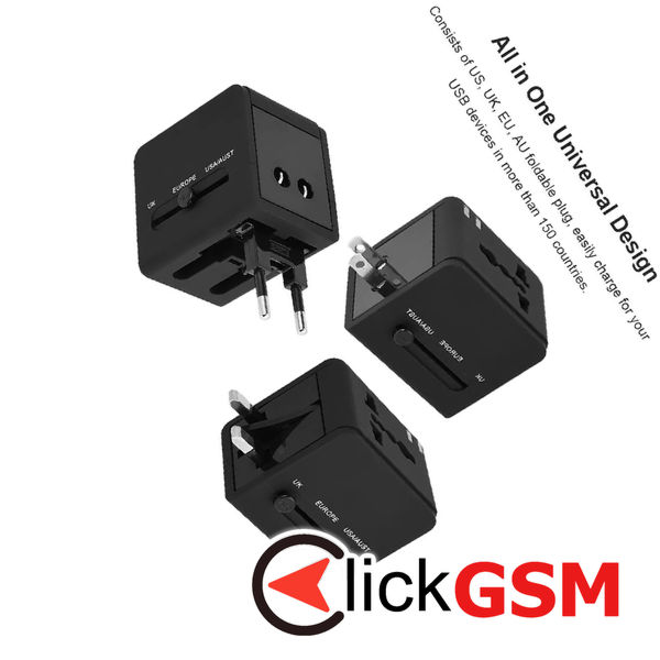 Techsuit - Travel Adapter (HHT148) - PD20W, QC, USB, Type-C, EU, UK, AUS, US - Black