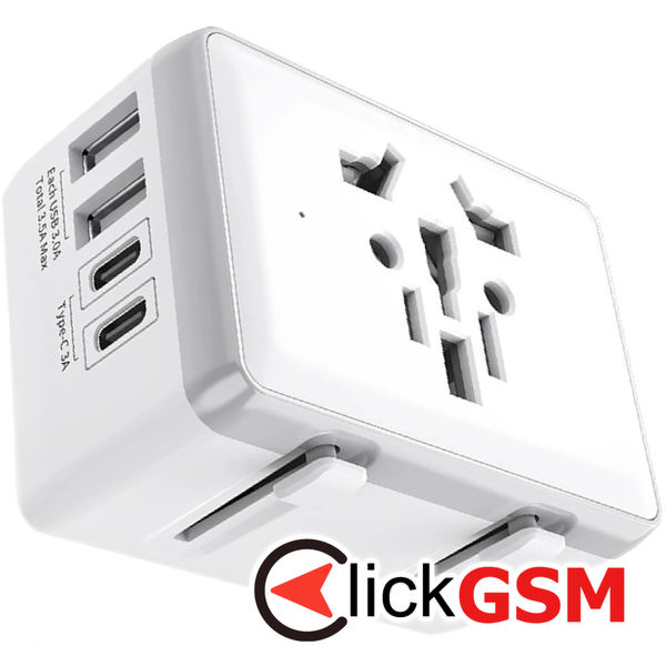 Techsuit - Travel Adapter (HHt204A) - 15W, 2xUSB-C, 2xUSB, EU to UK, AUS, US - White