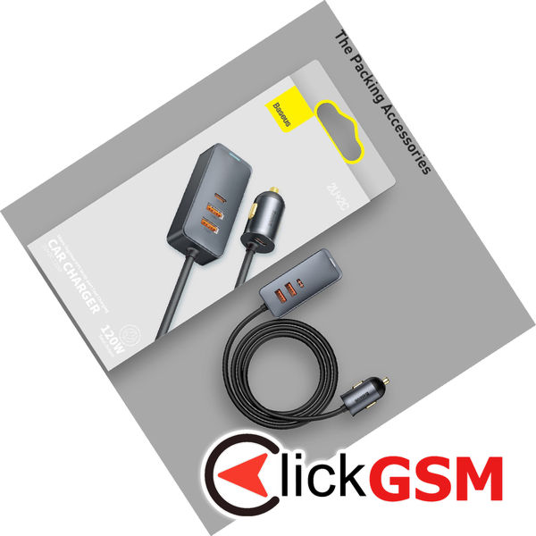 Baseus - Car Charger Share Together (CCBT-B0G) - Port Extension, 3x USB, Type-C, Fast Charging, 120W - Gray