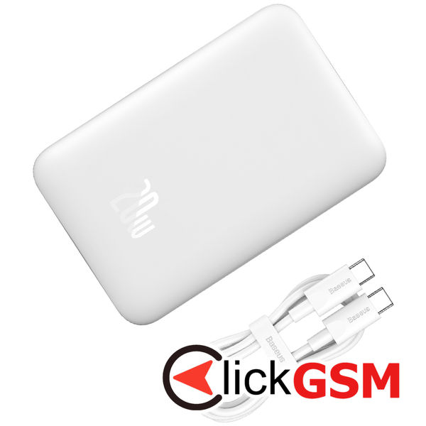 Baseus - Power Bank Magnetic Mini (PPCX070002) - USB-C, MagSafe, 10000mAh, 20W, with Cable Type-C, 60W, 30cm - White