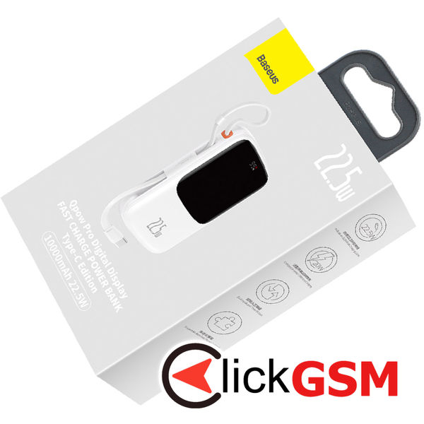 Baseus - Power Bank Qpow Pro (PPQD020102) - Lightning, 2x Type-C, USB, 22.5W, 10000mAh, Cable Type-C, 3A, 30cm - White
