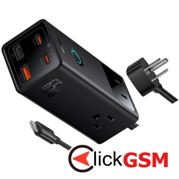 Baseus - Wall Charger PowerCombo Digital PowerStrip (PSLA020101) - 3xAC, 2xUSB, 2xType-C, 65W with Cable Type-C 100W - Black