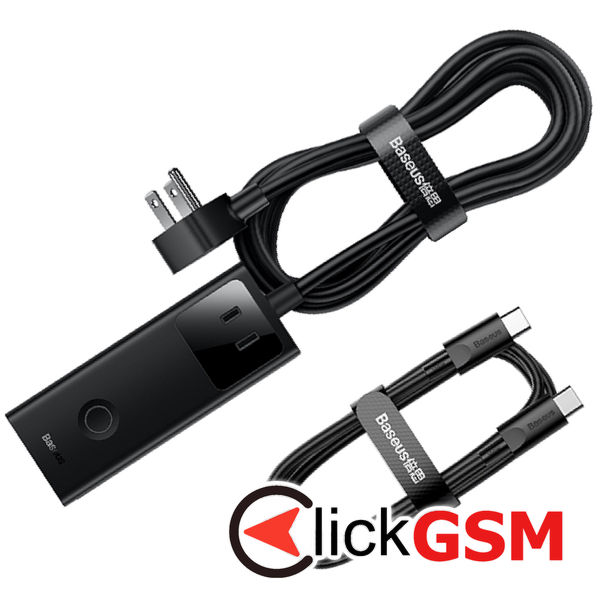 Baseus - Wall Charger PowerCombo Digital PowerStrip (PSLA020101) - 3xAC, 2xUSB, 2xType-C, 65W with Cable Type-C 100W - Black