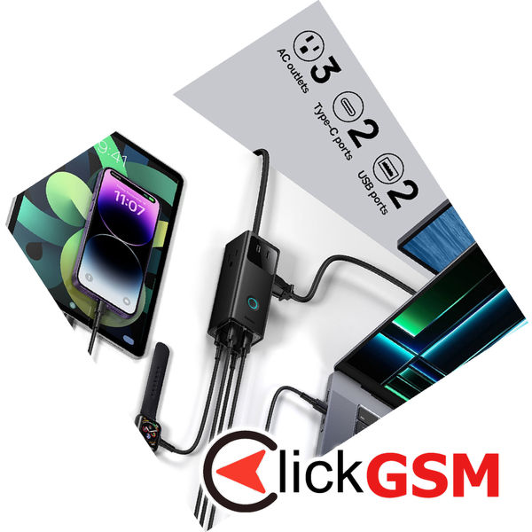 Baseus - Wall Charger PowerCombo Digital PowerStrip (PSLA020101) - 3xAC, 2xUSB, 2xType-C, 65W with Cable Type-C 100W - Black