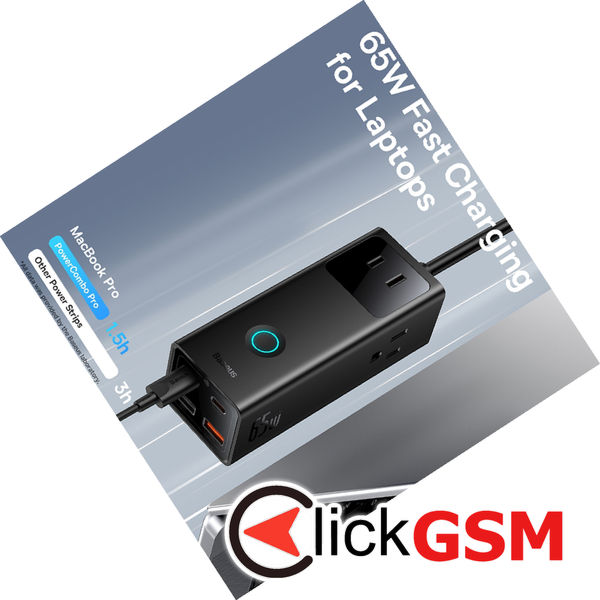 Baseus - Wall Charger PowerCombo Digital PowerStrip (PSLA020101) - 3xAC, 2xUSB, 2xType-C, 65W with Cable Type-C 100W - Black