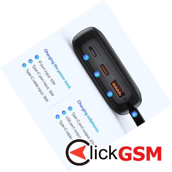 Baseus - Power Bank Qpow Pro+ (P10067101113-00) - Lightning, 2xType-C, USB, 22.5W, Fast Charge, 10000mAh, Cable USB-C - Black