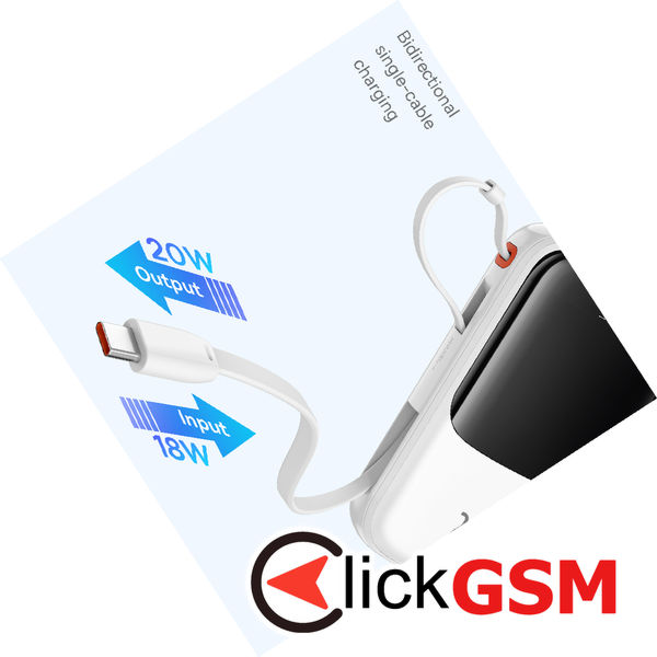 Baseus - Power Bank Qpow Pro+ (P10067101213-00) - Lightning, 2x Type-C, USB, 22.5W, 10000mAh, Cable Type-C - White