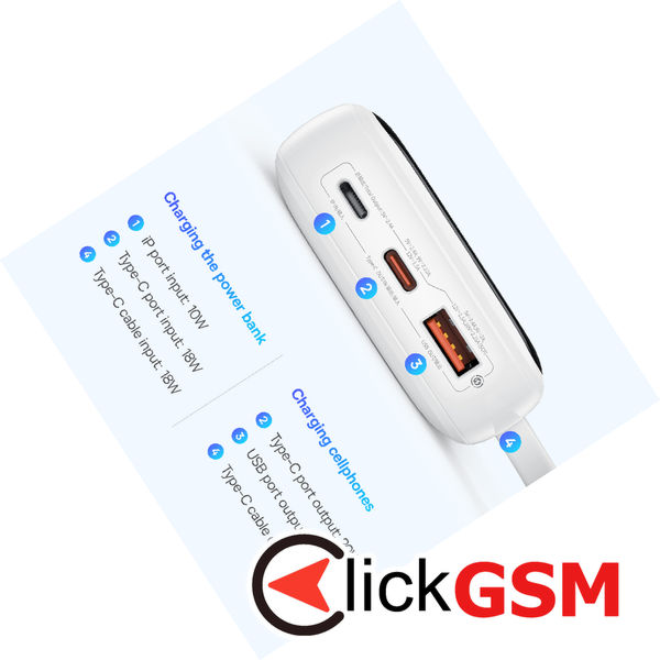 Baseus - Power Bank Qpow Pro+ (P10067101213-00) - Lightning, 2x Type-C, USB, 22.5W, 10000mAh, Cable Type-C - White