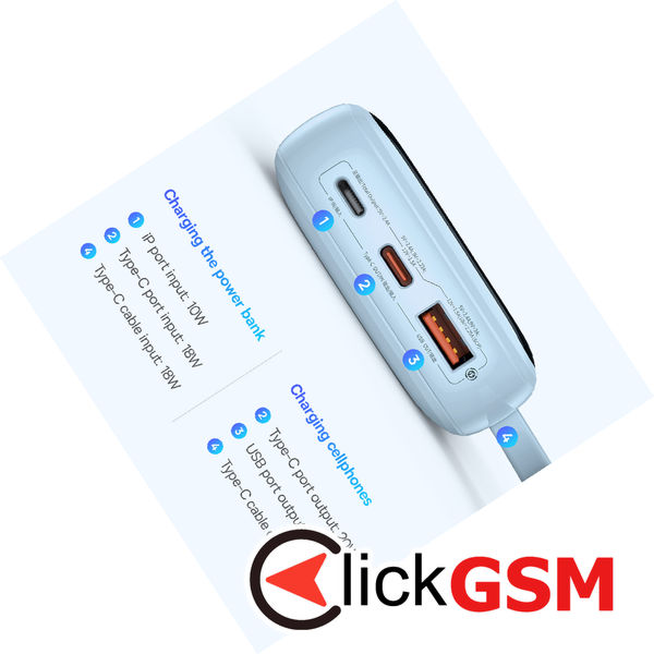 Baseus - Power Bank Qpow Pro+ (P10067101313-00) - Lightning, 2x Type-C, USB, 22.5W, 10000mAh, Cable Type-C - Blue