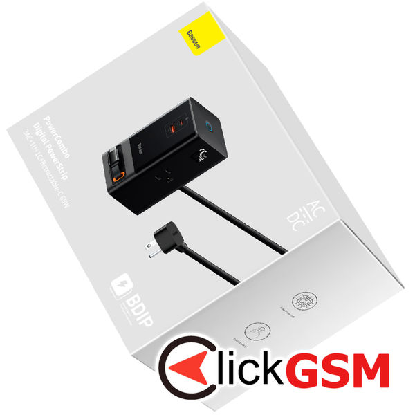 Baseus - Wall Charger PowerCombo Digital PowerStrip (PSLR000101) - 3xAC, USB, Type-C with Type-C Cable, 65W, US Plug - Black