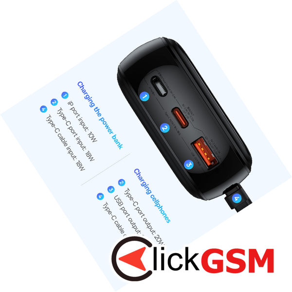 Baseus - Power Bank Qpow Pro+ (P10067103113-00) - Lightning, 2x Type-C, USB, 22.5W, 20000mAh, Cable Type-C - Black