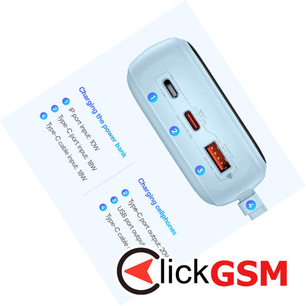 Baseus - Power Bank Qpow Pro+ (P10067103313-00) - Lightning, 2x Type-C, USB, 22.5W, 20000mAh, Cable Type-C - Blue