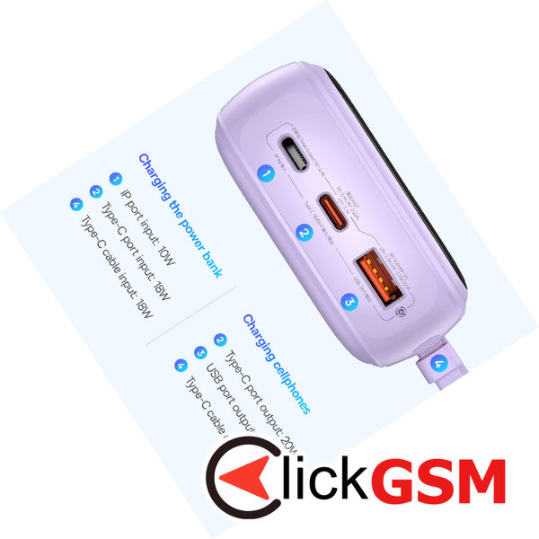 Baseus - Power Bank Qpow Pro+ (P10067103513-00) - Lightning, 2x Type-C, USB, 22.5W, 20000mAh, Cable Type-C - Purple