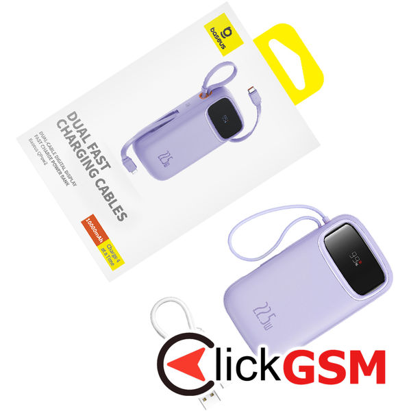 Baseus - Power Bank Qpow Pro+ (P10055003513-00) - Lightning, 2x Type-C, USB, 22.5W, 10000mAh, Cable Type-C, 30cm - Purple