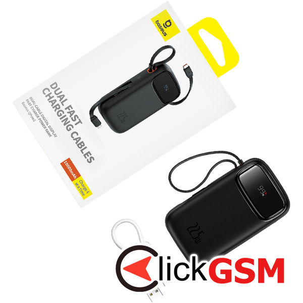 Baseus - Power Bank Qpow Pro+ (P10055003113-00) - Lightning, 2x Type-C, USB, 22.5W, 10000mAh, Cable Type-C, 30cm - Black