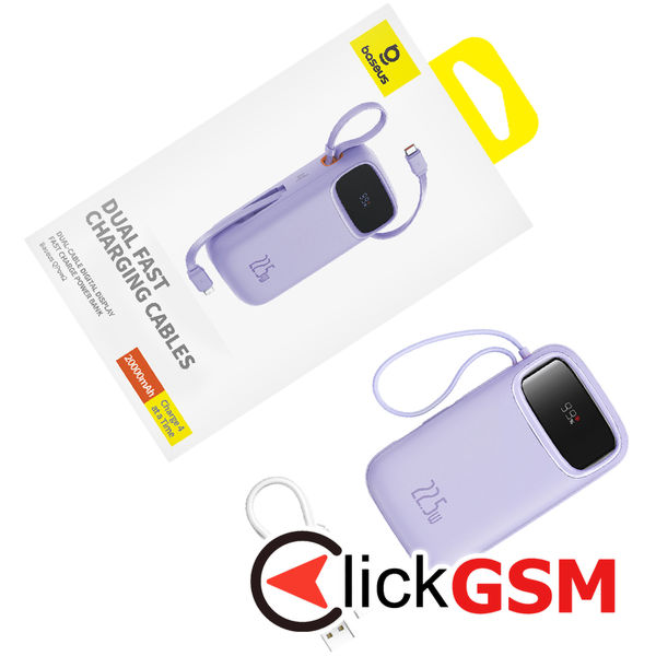 Baseus - Power Bank Qpow Pro+ (P10055002513-00) - Lightning, 2x Type-C, USB, 22.5W, 20000mAh, Cable Type-C, 30cm - Purple