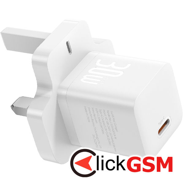 Baseus - Wall Charger GaN5 (P10110906213-00) - UK Plug, Fast Charger, Type-C, 30W - White