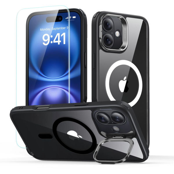 ESR - Classic Hybrid HaloLock Kickstand + Tempered Glass - iPhone 16 Plus - Clear Black