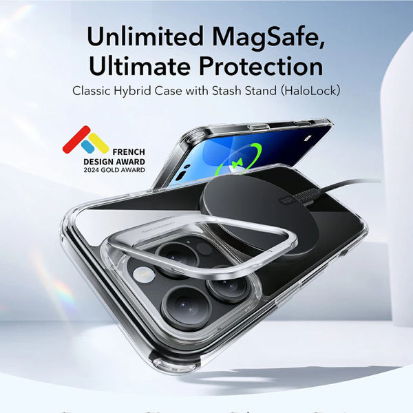 ESR - Classic Hybrid HaloLock Kickstand - iPhone 16 Pro - Grey Clear