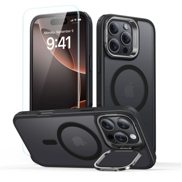 ESR - Classic Hybrid HaloLock Kickstand + Tempered Glass - iPhone 16 Pro - Frosted Black