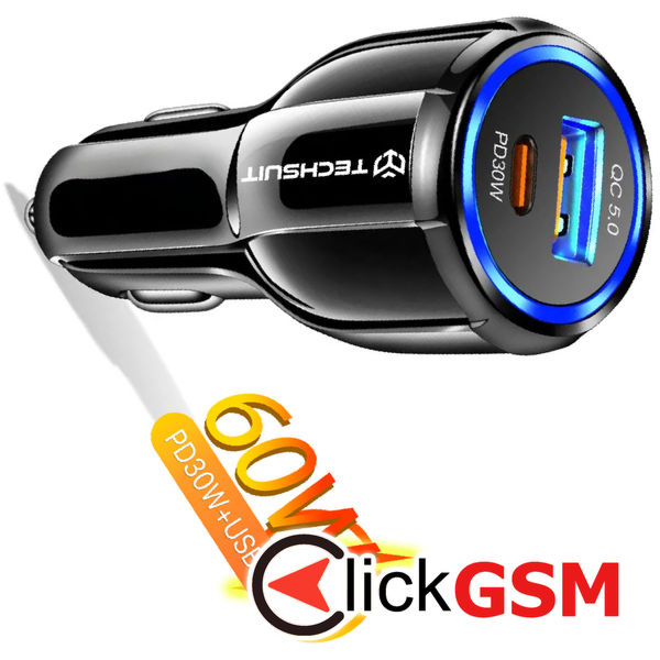 Techsuit - Car Charger Premium (TE-022) - USB-A QC5.0 30W, USB-C PD30W, Total 60W, LED Light - Black