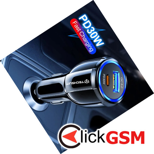 Techsuit - Car Charger Premium (TE-022) - USB-A QC5.0 30W, USB-C PD30W, Total 60W, LED Light - Black