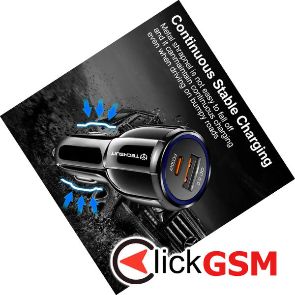 Techsuit - Car Charger Premium (TE-022) - USB-A QC5.0 30W, USB-C PD30W, Total 60W, LED Light - Black