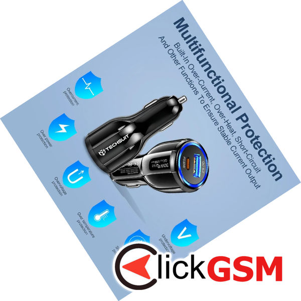 Techsuit - Car Charger Premium (TE-022) - USB-A QC5.0 30W, USB-C PD30W, Total 60W, LED Light - Black