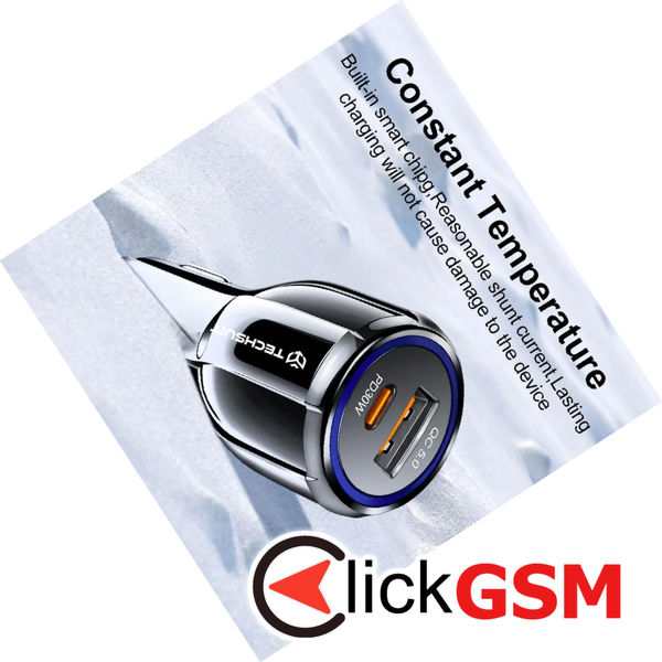 Techsuit - Car Charger Premium (TE-022) - USB-A QC5.0 30W, USB-C PD30W, Total 60W, LED Light - Black