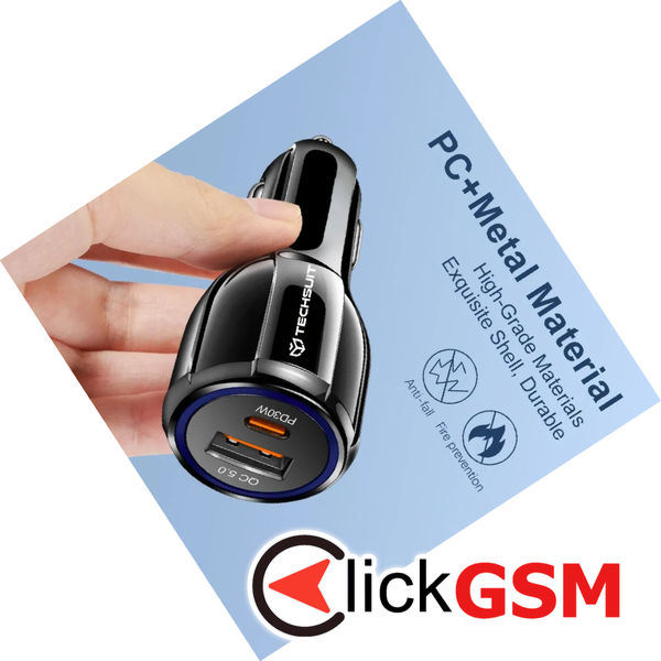 Techsuit - Car Charger Premium (TE-022) - USB-A QC5.0 30W, USB-C PD30W, Total 60W, LED Light - Black