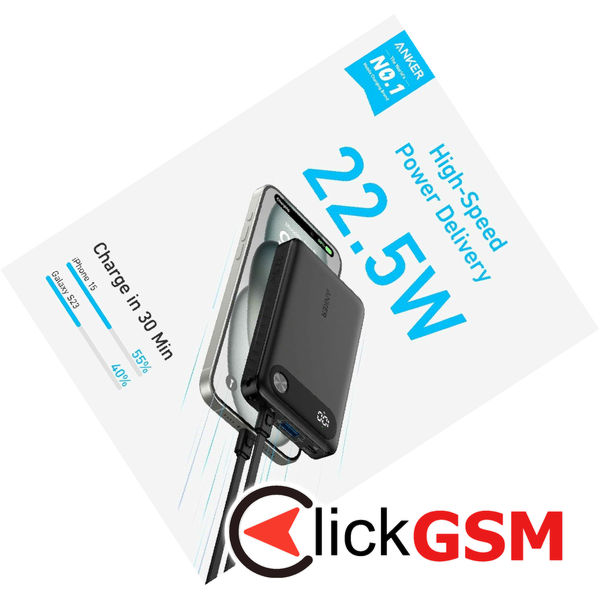 Anker - Power Bank PowerCore (A1257G11) - 2x Type-C, 1x USB, 10000mAh, 22.5W - Black