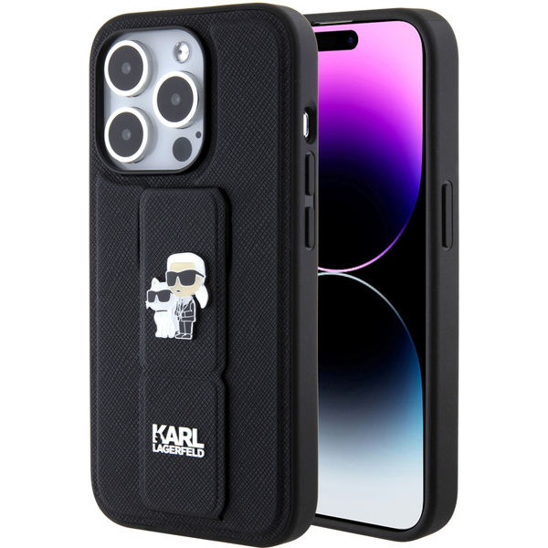 Karl Lagerfeld - Saffiano Gripstand (KLHCP15LGSAKCPK) - iPhone 15 Pro - Karl&Choupette Pins