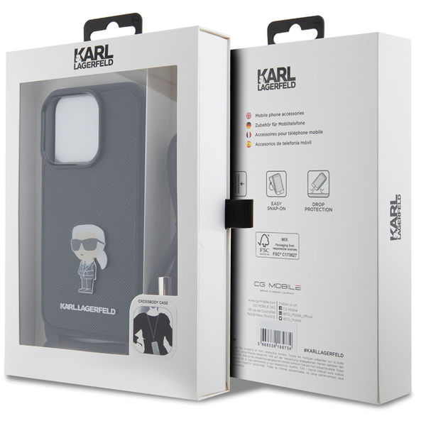 Karl Lagerfeld - Saffiano Crossbody (KLHCP15LSASKNPSK) - iPhone 15 Pro - Monogram Metal Pin Karl