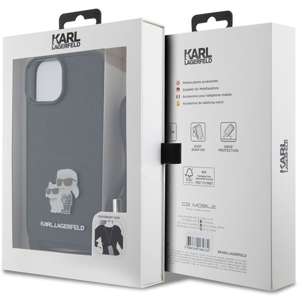 Karl Lagerfeld - Saffiano Crossbody (KLHCP15MSAKCPSK) - iPhone 15 Plus - Metal Pin Karl&Choupette