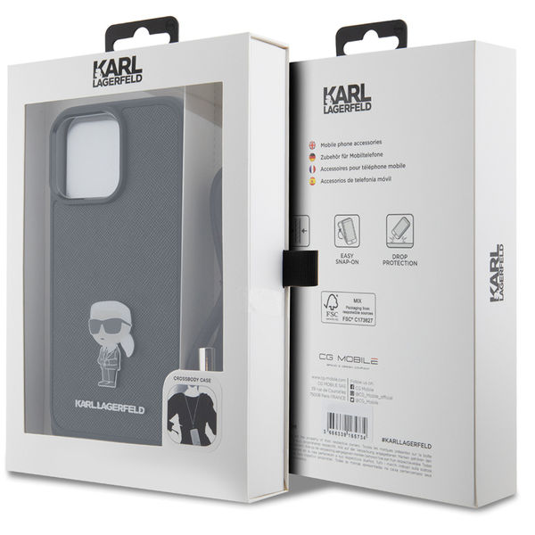 Karl Lagerfeld - Saffiano Crossbody (KLHCP15XSASKNPSK) - iPhone 15 Pro Max - Monogram Metal Pin Karl