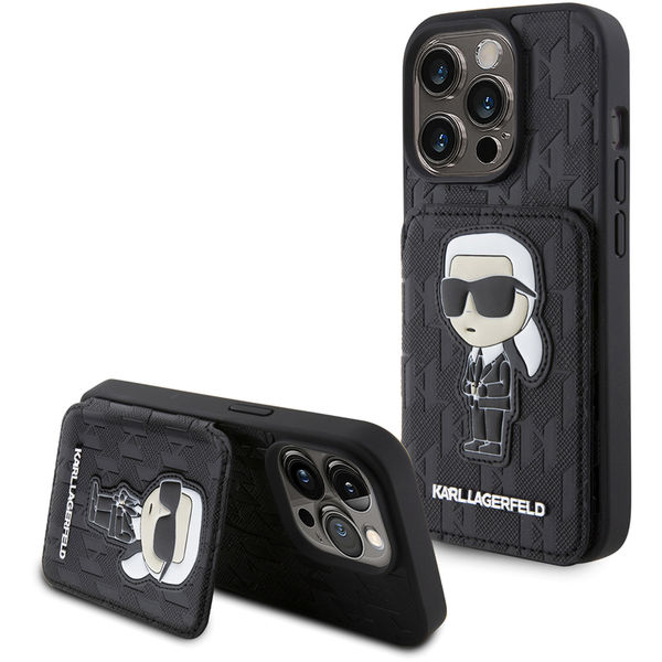 Karl Lagerfeld - Saffiano Cardslots and Stand (KLHCP15LSAKKNSCK) - iPhone 15 Pro - Monogram Ikonik