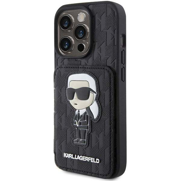 Karl Lagerfeld - Saffiano Cardslots and Stand (KLHCP15LSAKKNSCK) - iPhone 15 Pro - Monogram Ikonik