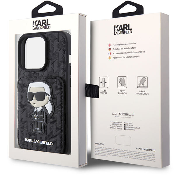 Karl Lagerfeld - Saffiano Cardslots and Stand (KLHCP15LSAKKNSCK) - iPhone 15 Pro - Monogram Ikonik