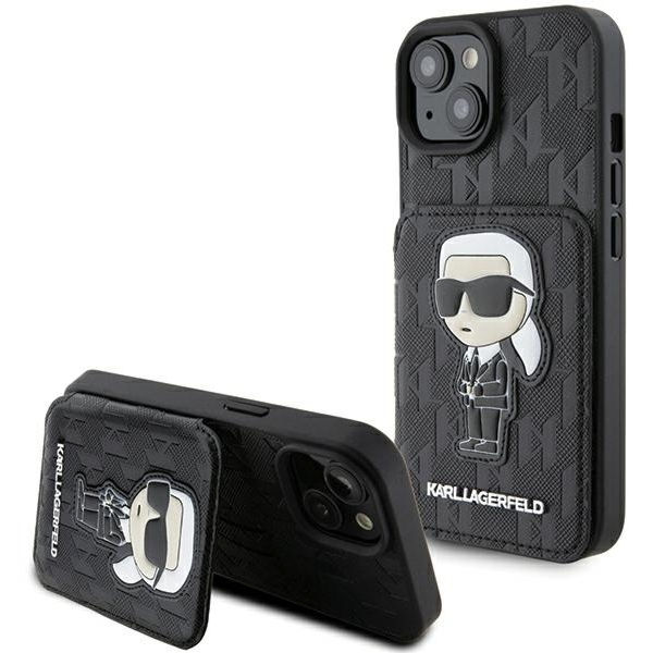 Karl Lagerfeld - Saffiano Cardslots and Stand (KLHCP15SSAKKNSCK) - iPhone 15 - Monogram Ikonik