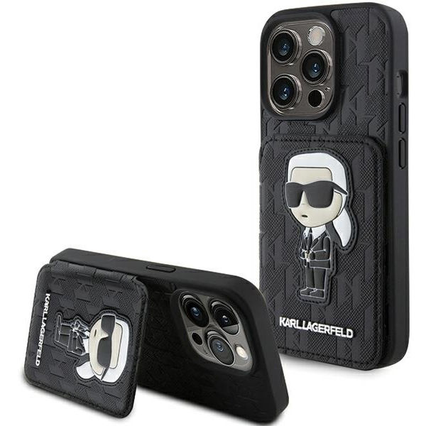 Karl Lagerfeld - Saffiano Cardslots and Stand (KLHCP15XSAKKNSCK) - iPhone 15 Pro Max - Monogram Ikonik