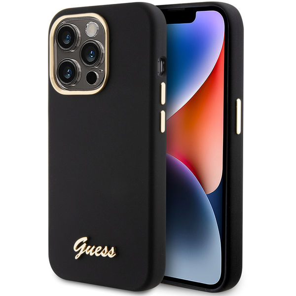Guess - Silicone Script Metal Logo & Frame (GUHCP15LSMBSLK) - iPhone 15 Pro - Black