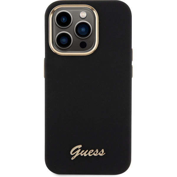 Guess - Silicone Script Metal Logo & Frame (GUHCP15LSMBSLK) - iPhone 15 Pro - Black