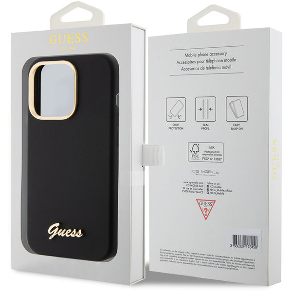 Guess - Silicone Script Metal Logo & Frame (GUHCP15LSMBSLK) - iPhone 15 Pro - Black