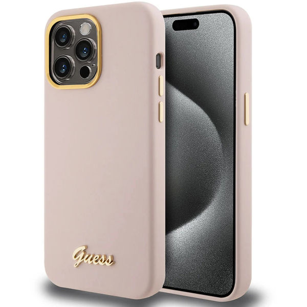 Guess - Silicone Script Metal Logo & Frame (GUHCP15LSMBSLP) - iPhone 15 Pro - Light Pink
